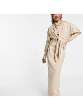 ASOS Design Beige Tie Front Gown Dress Size US 14 NEW NWT